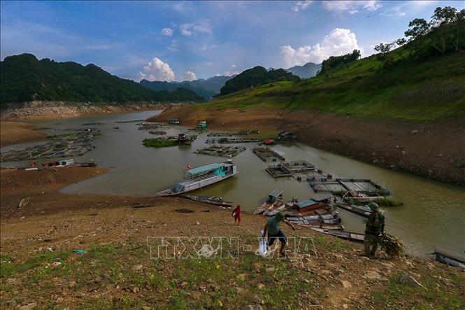 Nhiều hộ nuôi cá lồng trên hồ Hòa Bình ở các huyện như Cao Phong, Đà Bắc đang đối mặt nguy cơ thua lỗ nếu mực nước hồ không sớm được cải thiện. Ảnh: Trọng Đạt-TTXVN