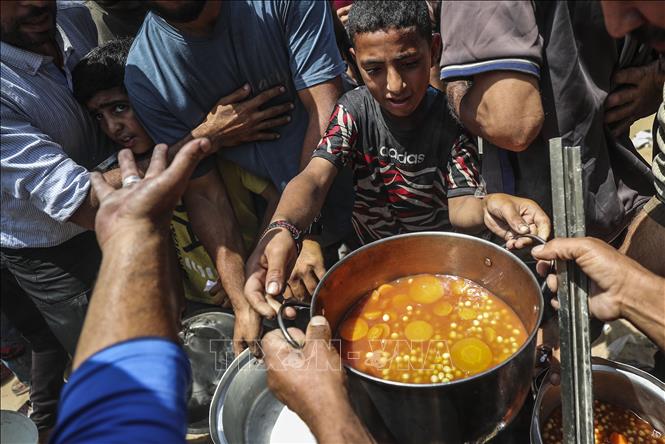 Người dân Palestine nhận thức ăn cứu trợ tại thành phố Gaza ngày 3/6/2025. Ảnh: THX/TTXVN