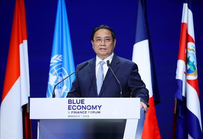 Thủ tướng Phạm Minh Chính phát biểu tại Diễn đàn Tài chính và Kinh tế Xanh của Hội nghị Đại dương Liên hợp quốc lần thứ ba (UNOC 3). Ảnh: Dương Giang-TTXVN 