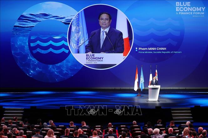 Thủ tướng Phạm Minh Chính phát biểu tại Diễn đàn Tài chính và Kinh tế Xanh của Hội nghị Đại dương Liên hợp quốc lần thứ ba (UNOC 3). Ảnh: Dương Giang-TTXVN 