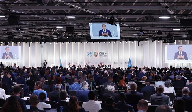 Tổng thống Pháp Emmanuel Macron phát biểu tại Phiên khai mạc Hội nghị Đại dương Liên hợp quốc lần thứ 3 (UNOC 3). Ảnh: Dương Giang-TTXVN 