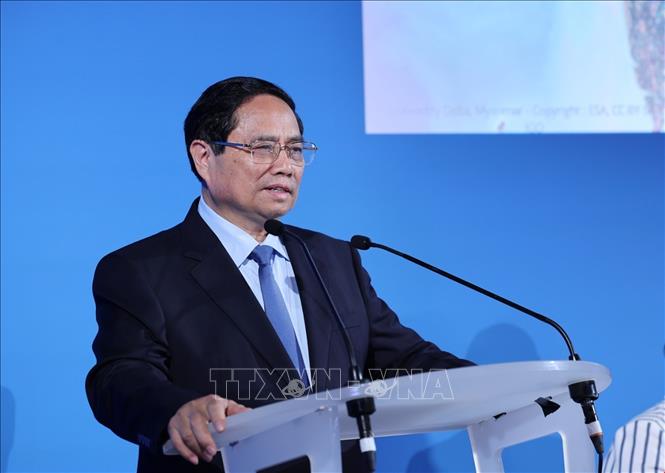 Thủ tướng Phạm Minh Chính phát biểu tại sự kiện thượng đỉnh về đồng bằng châu thổ thế giới. Ảnh: Dương Giang-TTXVN