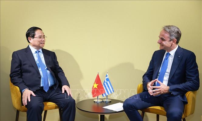 Thủ tướng Phạm Minh Chính gặp Thủ tướng Hy Lạp Kyriakos Mitsotakis. Ảnh: Dương Giang-TTXVN 
