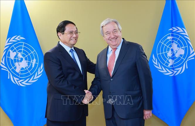 Thủ tướng Phạm Minh Chính hội kiến Tổng Thư ký Liên hợp quốc Antonio Guterres. Ảnh: Dương Giang-TTXVN 