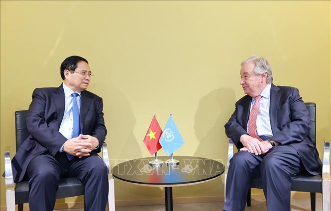 Thủ tướng Phạm Minh Chính hội kiến Tổng Thư ký Liên hợp quốc Antonio Guterres. Ảnh: Dương Giang-TTXVN 