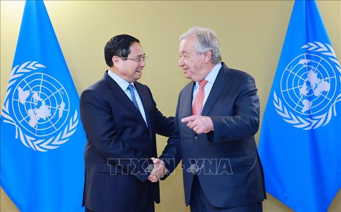 Thủ tướng Phạm Minh Chính hội kiến Tổng Thư ký Liên hợp quốc Antonio Guterres. Ảnh: Dương Giang-TTXVN 