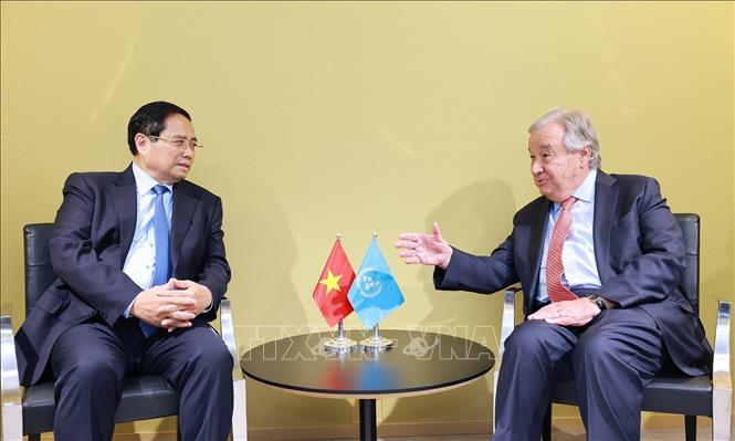 Thủ tướng Phạm Minh Chính gặp Tổng Thư ký Liên hợp quốc Antonio Guterres. Ảnh: Dương Giang-TTXVN 
