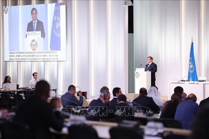 Thủ tướng Phạm Minh Chính phát biểu tại Phiên toàn thể Hội nghị Đại dương Liên hợp quốc lần thứ 3. Ảnh: Dương Giang-TTXVN 