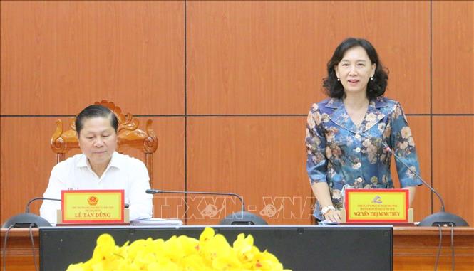 Phó Chủ tịch UBND tỉnh An Giang Nguyễn Thị Minh Thuý phát biểu tại buổi làm việc. Ảnh: Công Mạo-TTXVN