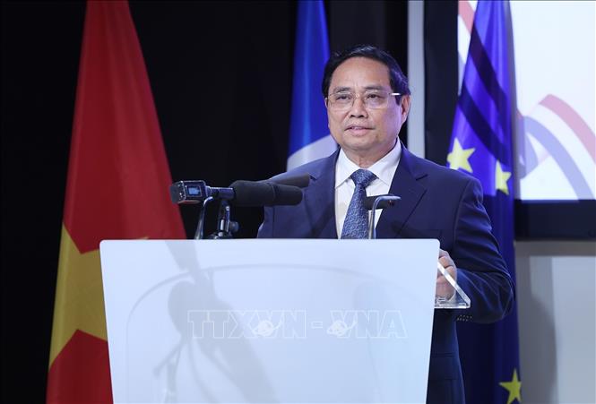 Thủ tướng Phạm Minh Chính phát biểu tại Diễn đàn Doanh nghiệp Việt Nam – Pháp. Ảnh: Dương Giang-TTXVN

