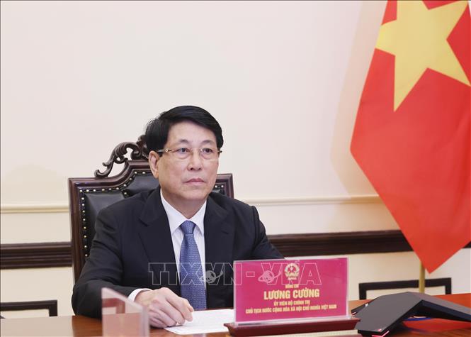 Chủ tịch nước Lương Cường điện đàm với Tổng thống Hàn Quốc Lee Jae Myung. Ảnh: Lâm Khánh - TTXVN