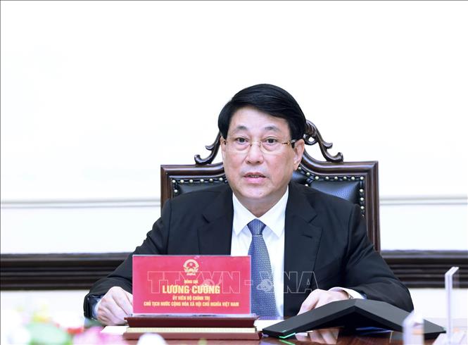Chủ tịch nước Lương Cường điện đàm với Tổng thống Hàn Quốc Lee Jae Myung. Ảnh: Lâm Khánh - TTXVN