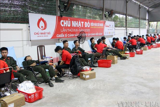 Các chiến sĩ cảnh sát cơ động tại Trung đoàn Cảnh sát Cơ động Tây Nam Bộ tham gia hiến máu tại Cần Thơ (3/2024). Ảnh: Lê Xuân-TTXVN