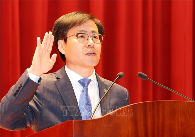 Tân Bộ trưởng Thương mại Hàn Quốc Yeo Han Koo phát biểu trong lễ nhậm chức tại Seoul ngày 12/6/2025. Ảnh: Yonhap/TTXVN
