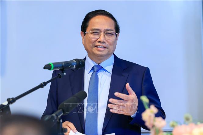 Thủ tướng Phạm Minh Chính phát biểu về chính sách của Việt Nam tại Đại học Kinh tế Stockholm. Ảnh: Dương Giang-TTXVN