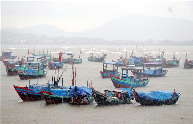 Tàu thuyền về tránh trú bão ở xã Cẩm Nhượng huyện Cẩm Xuyên. Ảnh: Công Tường-TTXVN