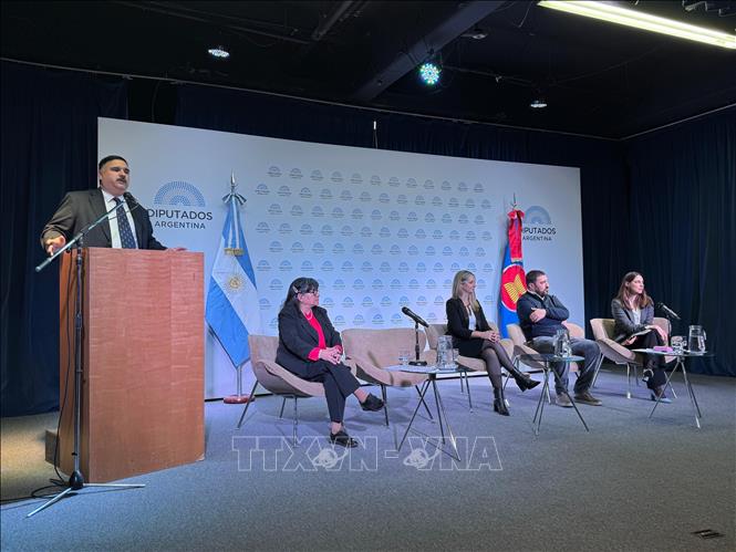 Giáo sư Ezequiel Ramoneda, Chủ tịch Argentina của Hiệp hội Nghiên cứu châu Á và châu Phi - Mỹ Latinh phát biểu tại Hội thảo. Ảnh: Diệu Hương - PV TTXVN tại Argentina 