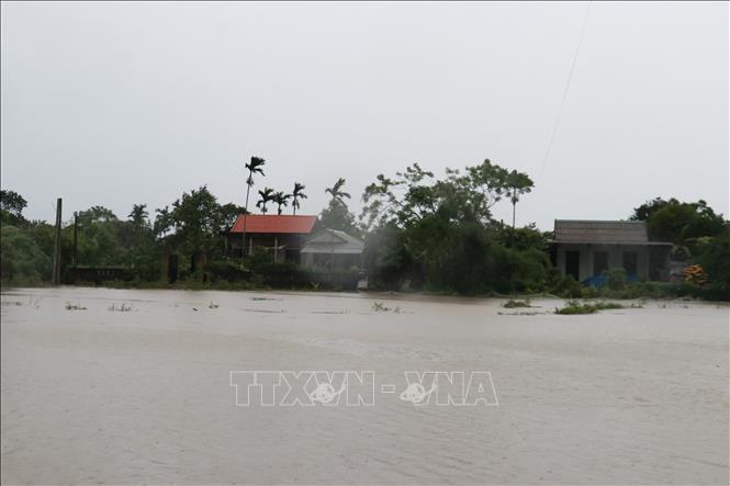 Nước lũ dâng cao ở khu dân cư xã Triệu Độ, huyện Triệu Phong, tỉnh Quảng Trị, trong sáng 13/6. Ảnh: Nguyên Lý-TTXVN