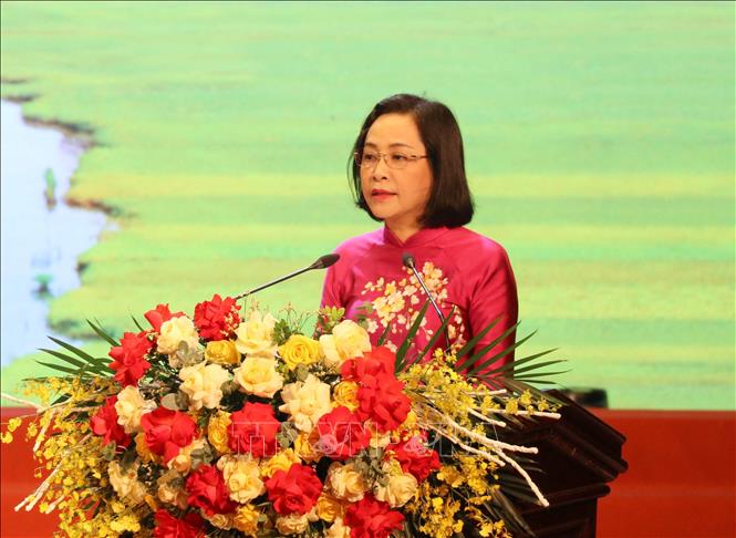 Đồng chí Nguyễn Thị Thanh, Ủy viên Ban Chấp hành Trung ương Đảng, Phó Chủ tịch Quốc hội phát biểu tại buổi lễ. Ảnh: Thùy Dung - TTXVN