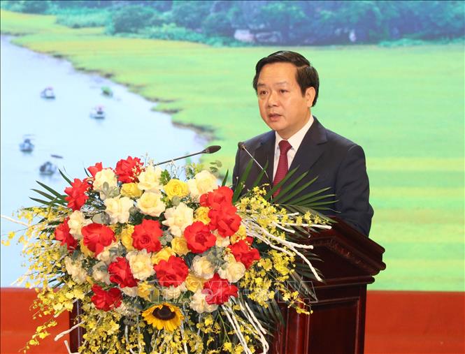 Ông Phạm Quang Ngọc, Phó Bí thư Tỉnh ủy, Chủ tịch UBND tỉnh Ninh Bình phát biểu tại buổi lễ. Ảnh: Thùy Dung - TTXVN
