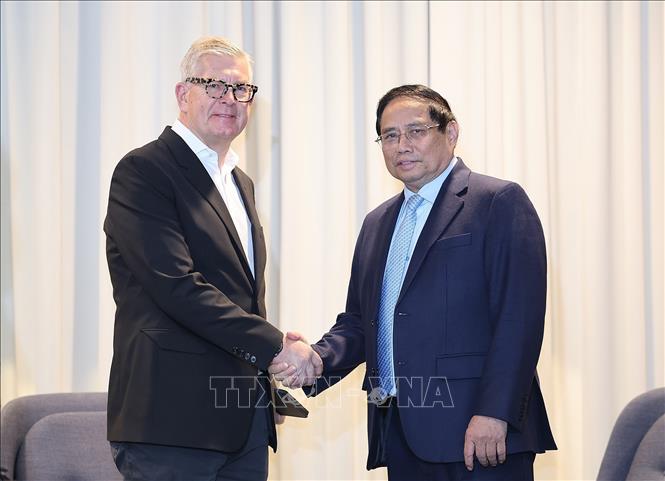Thủ tướng Phạm Minh Chính tiếp ông Borje Ekholm, Chủ tịch kiêm Tổng Giám đốc điều hành Tập đoàn Ericsson. Ảnh: Dương Giang-TTXVN 