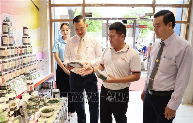 Đại biểu tham quan gian hàng của doanh nghiệp tỉnh Ninh Thuận trưng bày tại Showroom Xuất khẩu, Quận 1, TP. Hồ Chí Minh. Ảnh: Xuân Anh - TTXVN