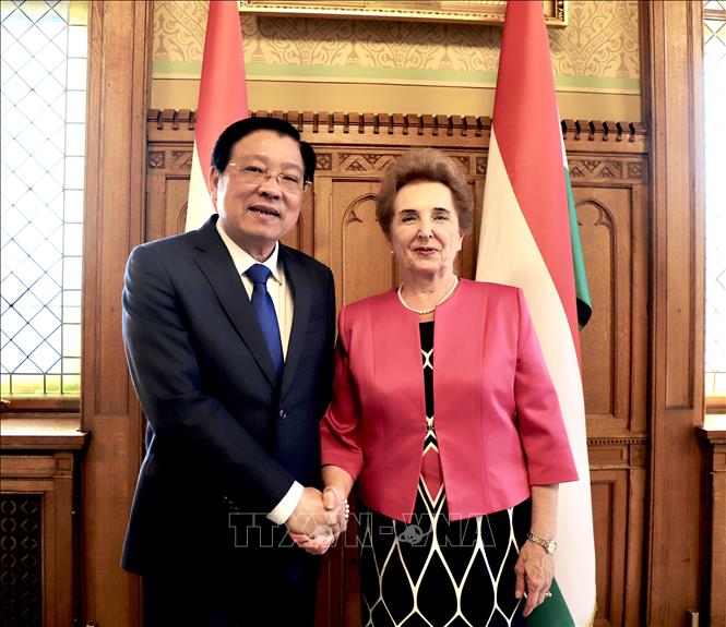 Trưởng Ban Nội chính Trung ương Phan Đình Trạc và bà Marta Mátrai, Phó Chủ tịch thứ nhất Quốc hội Hungary. Ảnh: Phương Hoa - PV TTXVN tại châu Âu