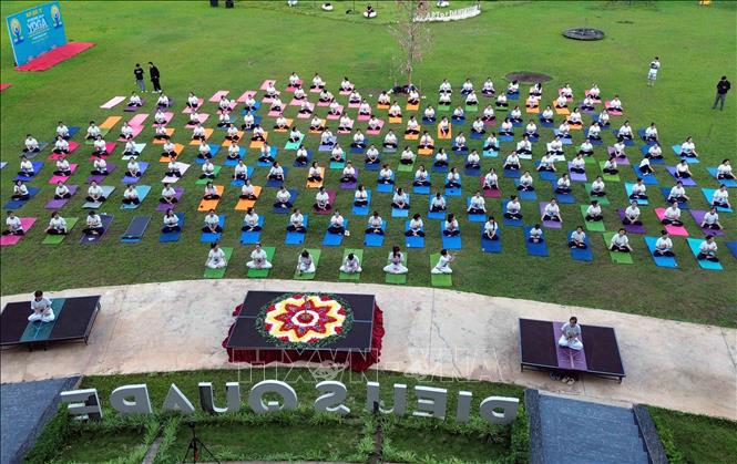 Màn đồng diễn giao thức Yoga phổ biến với hơn 200 thành viên đến từ các câu lạc bộ Yoga trên địa bàn thành phố Sơn La và thị xã Mộc Châu. Ảnh: Quang Quyết - TTXVN