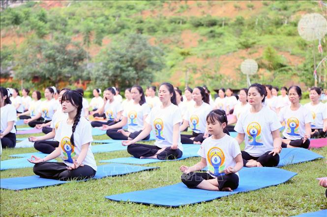Màn đồng diễn giao thức Yoga phổ biến với hơn 200 thành viên đến từ các câu lạc bộ Yoga trên địa bàn thành phố Sơn La và thị xã Mộc Châu. Ảnh: Quang Quyết - TTXVN