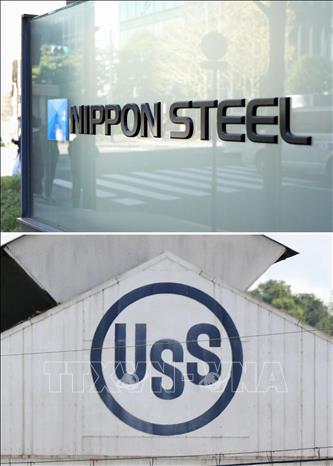 Logo của Tập đoàn thép Nippon Steel và Tập đoàn U.S Steel. Ảnh: Kyodo/TTXVN