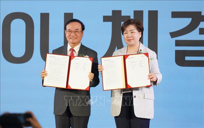 Đại học Đông Á và Hiệp hội quốc tế Nghiên cứu Ngôn ngữ và Văn hoá Hàn Quốc ký kết hợp tác thúc đẩy các hoạt động nghiên cứu và giáo dục quốc tế. Ảnh: Văn Dũng-TTXVN                      