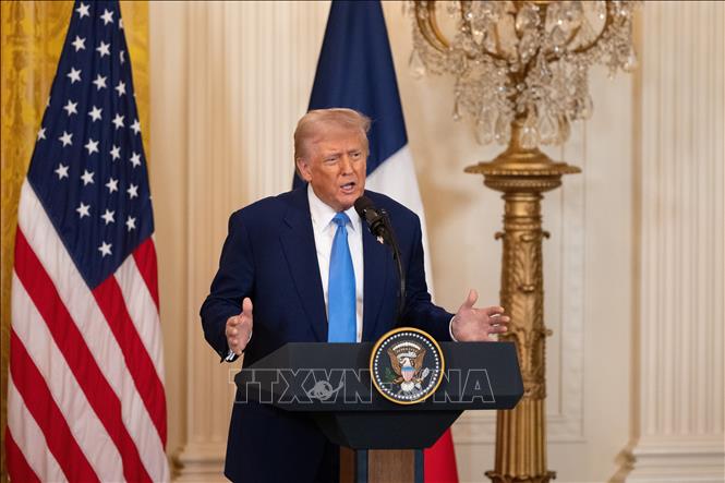 Tổng thống Mỹ Donald Trump trong cuộc họp báo tại Washington DC., ngày 24/2/2025. Ảnh: THX/TTXVN