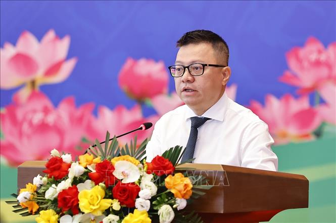 Đồng chí Lê Quốc Minh, Phó trưởng Ban Tuyên giáo và Dân vận Trung ương, Tổng Biên tập Báo Nhân Dân, Chủ tịch Hội Nhà báo Việt Nam phát biểu. Ảnh: Doãn Tấn - TTXVN