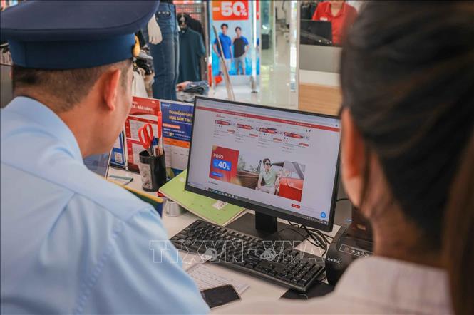 Kiểm tra sản phẩm và giá niêm yết trên trang web của một công ty. Ảnh: Hoàng Hiếu - TTXVN