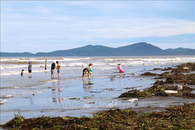 Rác tràn ngập bãi biển Diễn Thành sau mưa lớn do ảnh hưởng của bão số 1. Ảnh: Xuân Tiến-TTXVN