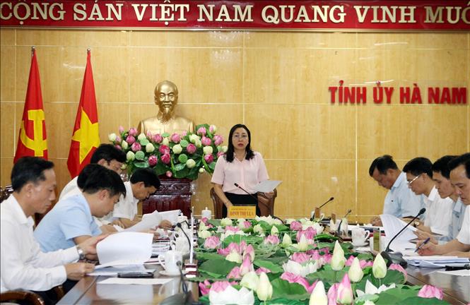 Phó Bí thư Thường trực Tỉnh ủy Hà Nam Đinh Thị Lụa phát biểu kết luận hội nghị. Ảnh: Nguyễn Chinh - TTXVN