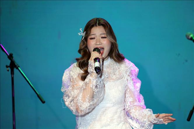 Ca sĩ Việt Nam biểu diễn hát đơn ca tại Đêm giao lưu âm nhạc Việt Nam - Pháp. Ảnh: Trần Lê Lâm – TTXVN