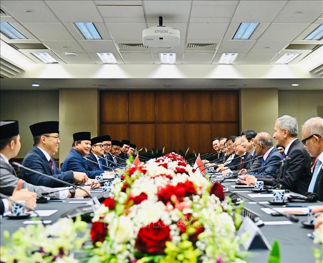 Cuộc gặp giữa Tổng thống Indonesia Prabowo Subianto và Thủ tướng Singapore Lawrence Wong trong khuôn khổ chuyến thăm. Ảnh: TTXVN phát