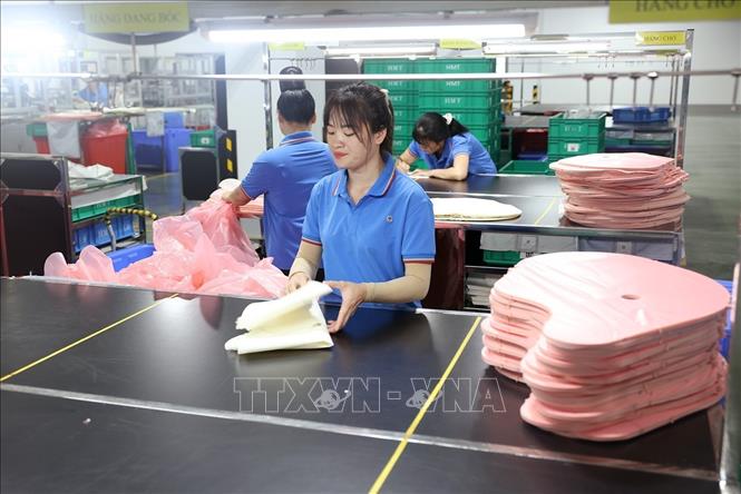 Sản xuất túi khí dành cho ô tô, tại nhà máy của Công ty TNHH Công nghệ vật liệu mới HTM Hải Phòng (100% vốn Trung Quốc), Khu công nghiệp Tràng Duệ, xã Lê Lợi, huyện An Dương, thành phố Hải Phòng. Ảnh: Vũ Sinh - TTXVN