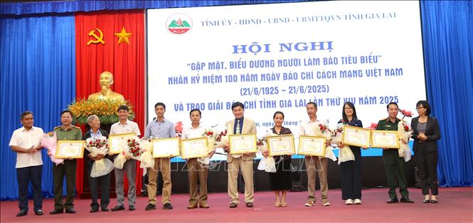 Cơ quan thường trú TTXVN tại tỉnh Gia Lai cùng các tập thể nhận Bằng khen của Chủ tịch Uỷ ban nhân dân tỉnh Gia Lai. Ảnh: Quang Thái - TTXVN