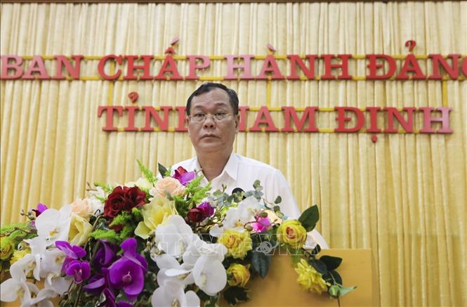 Phó Bí thư Thường trực Tỉnh uỷ Nam Định Lê Quốc Chỉnh phát biểu tại buổi làm việc. Ảnh: Công Luật - TTXVN