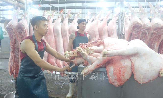 Vận chuyển hàng hóa trong nhà lồng chợ. Ảnh: Hương Giang - TTXVN