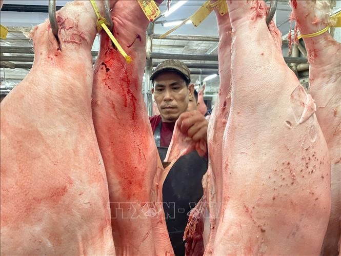 Nhân viên tại chợ đầu mối nông sản thực phẩm Hóc Môn sơ chế mảnh thịt. Ảnh: Hương Giang - TTXVN