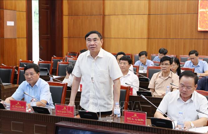 Bí thư Tỉnh ủy Điện Biên Trần Quốc Cường phát biểu tại buổi làm việc. Ảnh: Trung Kiên - TTXVN
