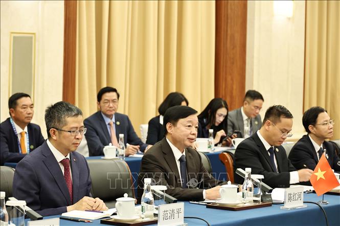 Phó Thủ tướng Trần Hồng Hà hội kiến Phó Ủy viên trưởng Nhân đại toàn quốc Trung Quốc Vương Đông Minh. Ảnh: Công Tuyên-PV TTXVN tại Trung Quốc