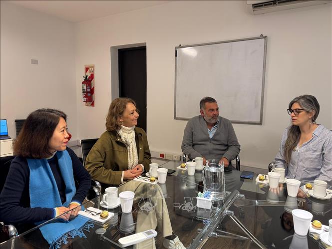 Đại sứ Việt Nam tại Argentina Ngô Minh Nguyệt làm việc cùng đại diện công ty dịch vụ vận tải Nip Cargo SRL và Phòng thương mại Mercosur - ASEAN (MACC). Ảnh: Diệu Hương-PV TTXVN tại Argentina