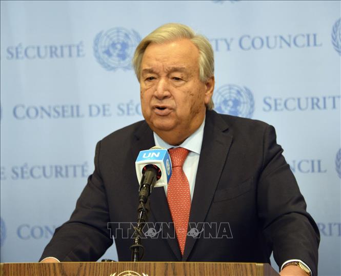 Tổng thư ký LHQ Antonio Guterres phát biểu tại trụ sở LHQ ở New York, Mỹ. Ảnh: THX/TTXVN