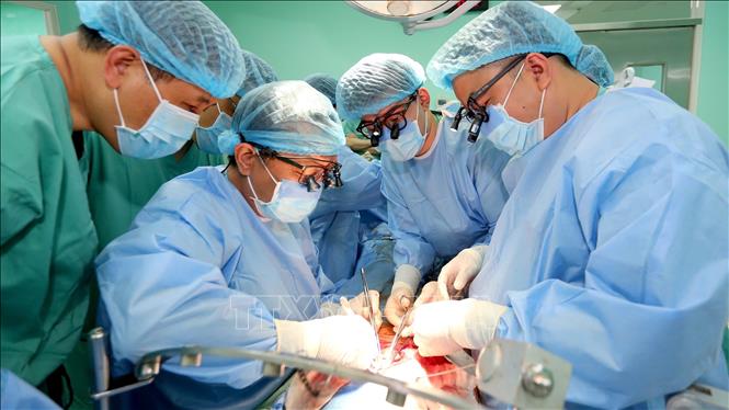 Ekip Bệnh viện Trung ương Huế thực hiện ca ghép tạng. Ảnh: TTXVN phát
