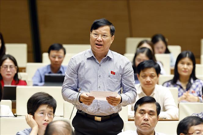 Đại biểu Quốc hội tỉnh Vĩnh Phúc Trần Văn Tiến đặt câu hỏi chất vấn. Ảnh: Doãn Tấn - TTXVN