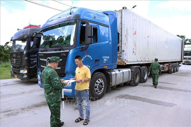 Cargo trucks at the Tan Thanh International Border Gate. VNA Photo: Vũ Sinh